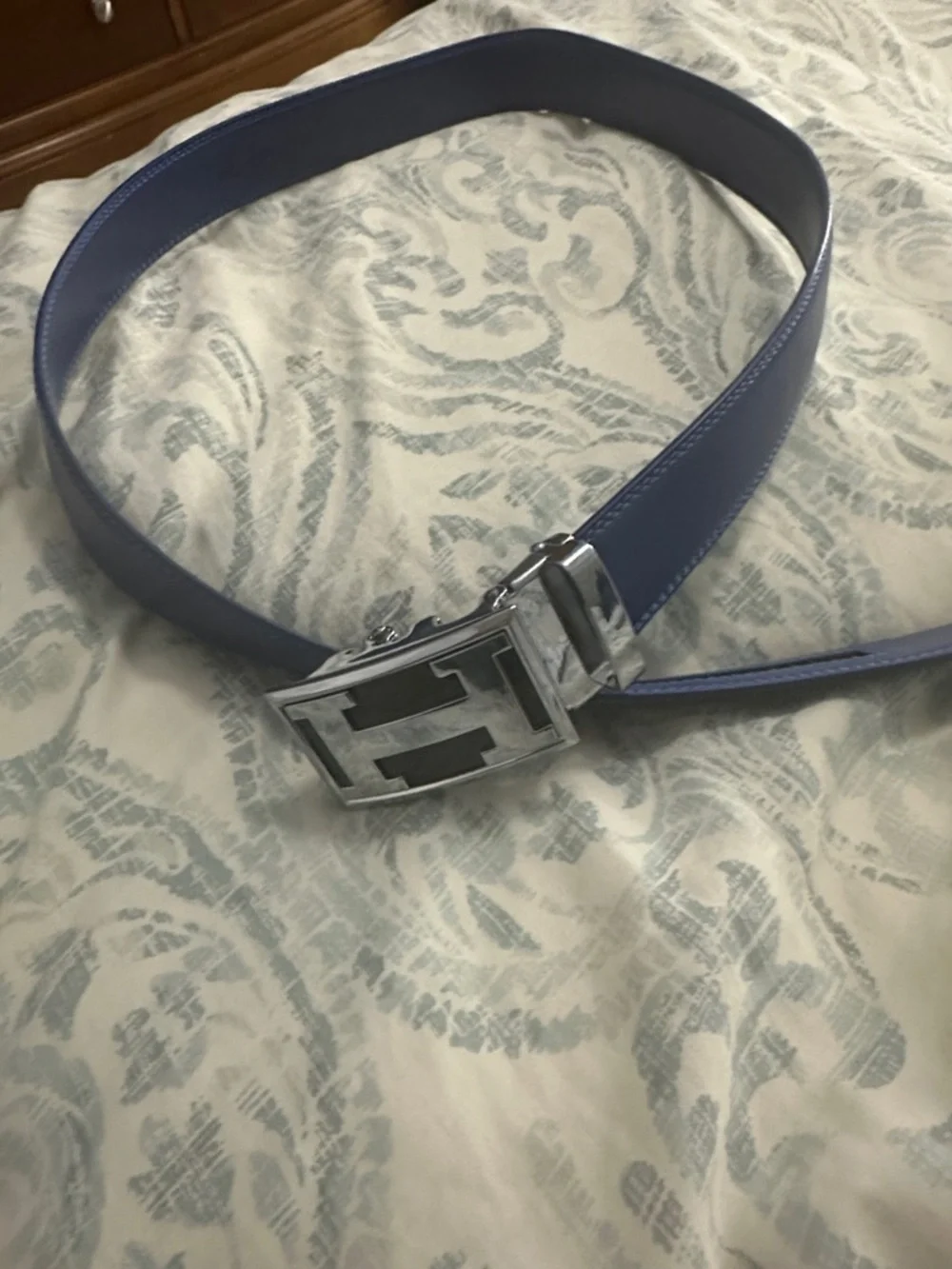 Blue Leather Belt with Silver Buckle